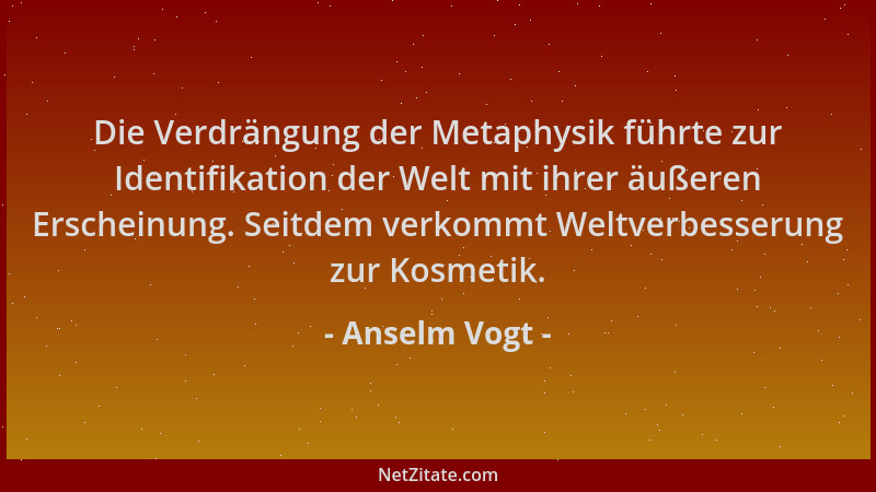 Anselm Vogt - Die Verdrängung der Metaphysik führte zur Identifikation der Welt mit ihrer äußeren Erscheinung. Seitdem verk...