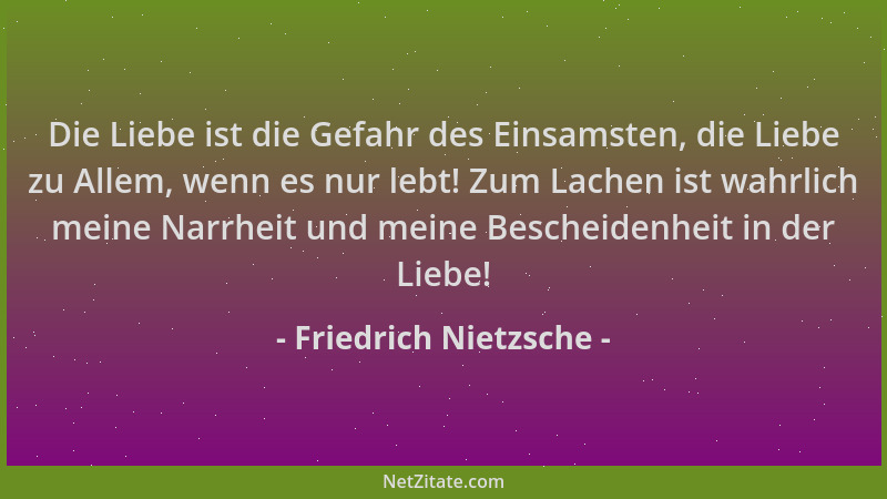 Friedrich Nietzsche - Die Liebe ist die Gefahr des Einsamsten, die Liebe zu Allem, wenn es nur lebt! Zum Lachen ist wahrlic...