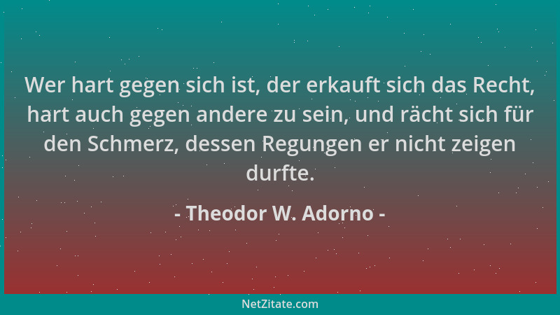 Theodor W. Adorno - Wer hart gegen sich ist, der erkauft sich das Recht, hart auch gegen andere zu sein, und rächt sich für...
