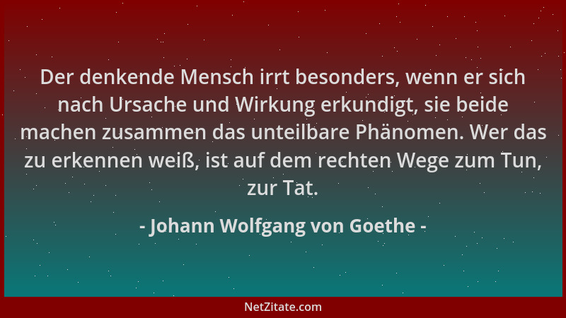 Johann Wolfgang von Goethe - Der denkende Mensch irrt besonders, wenn er sich nach Ursache und Wirkung erkundigt, sie beide...