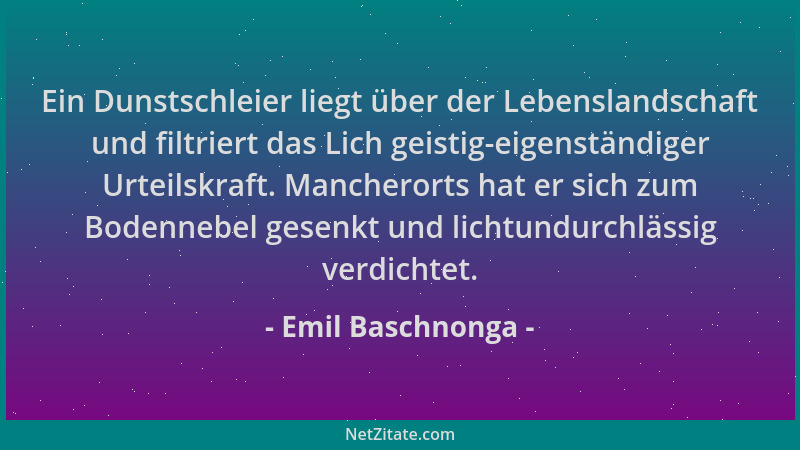 Emil Baschnonga - Ein Dunstschleier liegt über der Lebenslandschaft und filtriert das Lich geistig-eigenständiger Urteilskr...