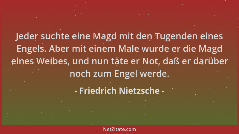 Friedrich Nietzsche - Jeder suchte eine Magd mit den Tugenden eines Engels. Aber mit einem Male wurde er die Magd eines Wei...