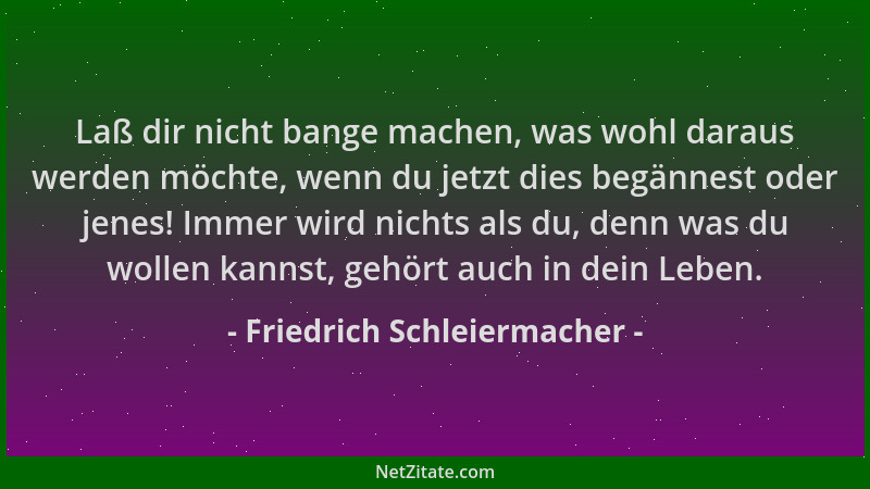 Friedrich Schleiermacher - Laß dir nicht bange machen, was wohl daraus werden möchte, wenn du jetzt dies begännest oder jen...