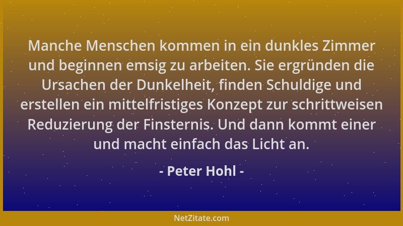 Peter Hohl - Manche Menschen kommen in ein dunkles Zimmer und beginnen emsig zu arbeiten. Sie ergründen die Ursachen der Du...