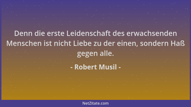 Robert Musil - Denn die erste Leidenschaft des erwachsenden Menschen ist nicht Liebe zu der einen, sondern Haß gegen alle....