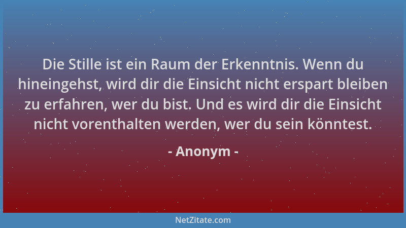 Anonym - Die Stille ist ein Raum der Erkenntnis. Wenn du hineingehst, wird dir die Einsicht nicht erspart bleiben zu erfahr...