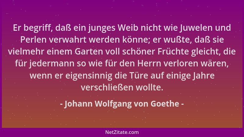 Johann Wolfgang von Goethe - Er begriff, daß ein junges Weib nicht wie Juwelen und Perlen verwahrt werden könne; er wußte,...