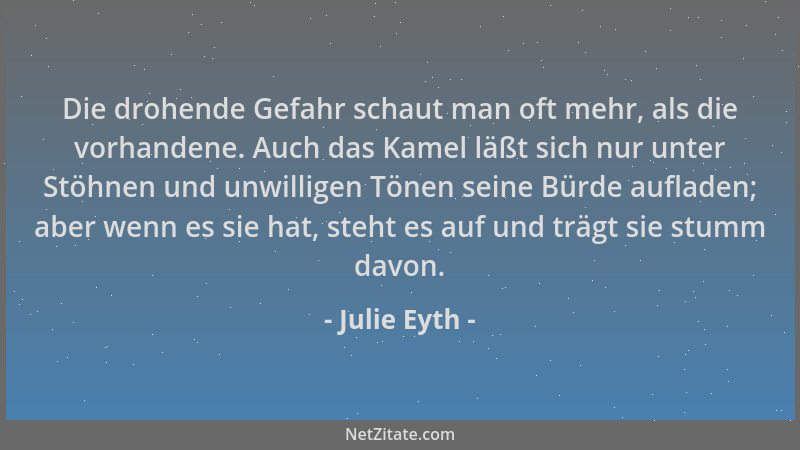 Julie Eyth - Die drohende Gefahr schaut man oft mehr, als die vorhandene. Auch das Kamel läßt sich nur unter Stöhnen und un...