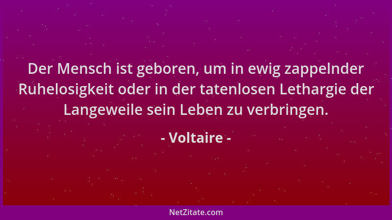 Voltaire - Der Mensch ist geboren, um in ewig zappelnder Ruhelosigkeit oder in der tatenlosen Lethargie der Langeweile sein...