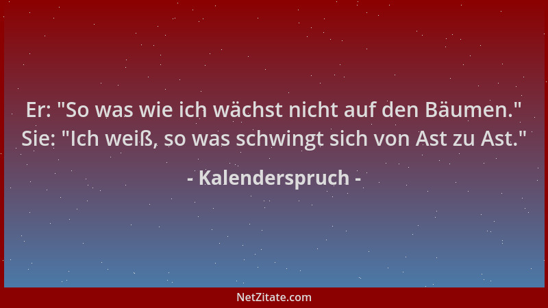 Kalenderspruch - Er:  "So was wie ich wächst nicht auf den Bäumen. " Sie:  "Ich weiß, so was schwingt sich von Ast zu Ast. "...