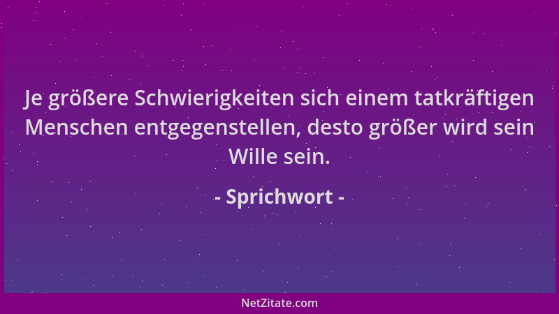 Sprichwort - Je größere Schwierigkeiten sich einem tatkräftigen Menschen entgegenstellen, desto größer wird sein Wille sein...