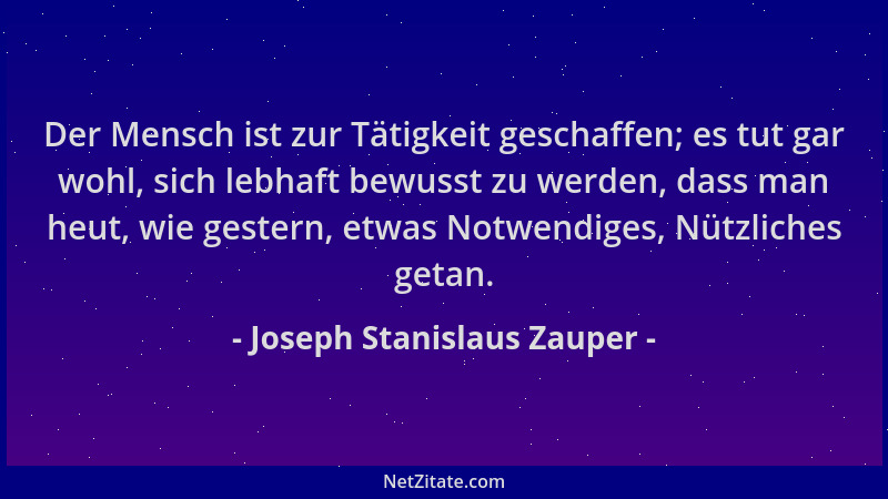 Joseph Stanislaus Zauper - Der Mensch ist zur Tätigkeit geschaffen; es tut gar wohl, sich lebhaft bewusst zu werden, dass m...