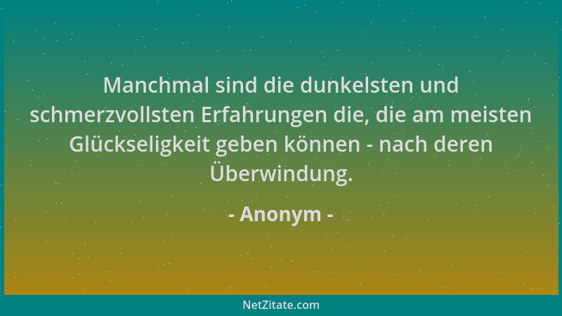 Anonym - Manchmal sind die dunkelsten und schmerzvollsten Erfahrungen die, die am meisten Glückseligkeit geben können - nac...