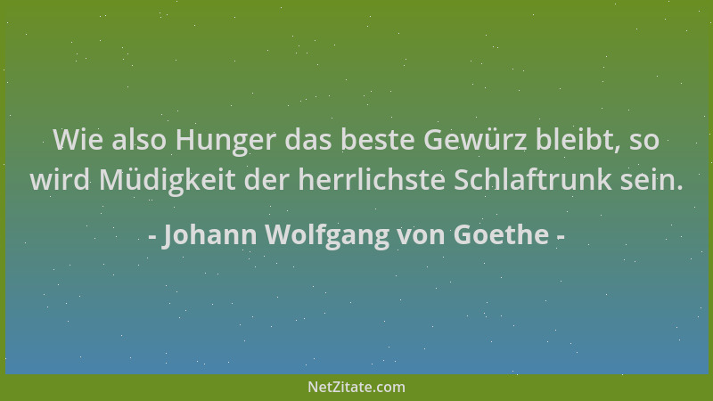 Johann Wolfgang von Goethe - Wie also Hunger das beste Gewürz bleibt, so wird Müdigkeit der herrlichste Schlaftrunk sein....