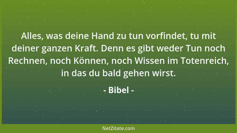 Bibel - Alles, was deine Hand zu tun vorfindet, tu mit deiner ganzen Kraft. Denn es gibt weder Tun noch Rechnen, noch Könne...