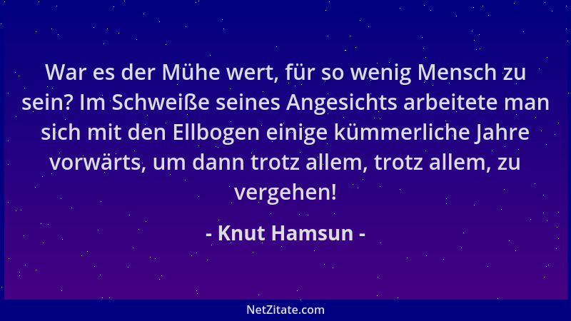 Knut Hamsun - War es der Mühe wert, für so wenig Mensch zu sein? Im Schweiße seines Angesichts arbeitete man sich mit den E...