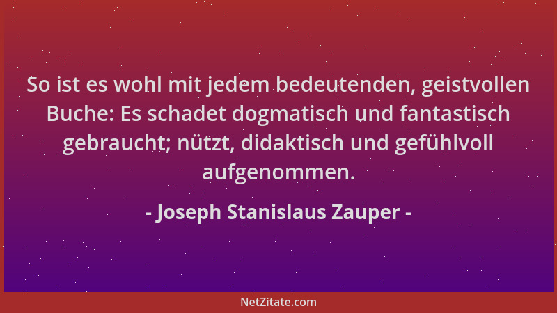 Joseph Stanislaus Zauper - So ist es wohl mit jedem bedeutenden, geistvollen Buche: Es schadet dogmatisch und fantastisch g...